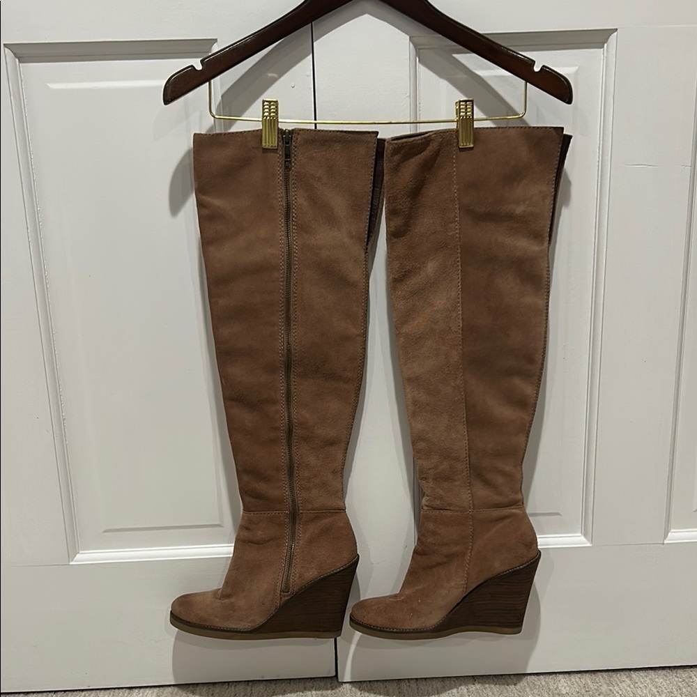 Brown Suede Over the Knee-High Wedge Boots